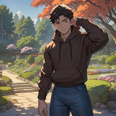 ((masterpiece)), ((best quality)), (ultra-detailed), (((((Garden of Japan house, Not in the shade, Landscape, cowboy shot))))), (8k, ultra-detailed, 1boy, solo, 16 year old boy, worm eyes, Natural smile), Young boy, ((((Height: 168cm, 6.5 heads, baby face,...