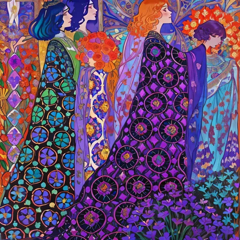 a painting of three women in colorful dresses with flowers, by Georges Lemmen, by Józef Mehoffer, by Stanisław Wyspiański, by Georges Lacombe, by József Breznay, by Harry Clarke, by Olga Rozanova, andrey remnev, by Nadya Rusheva, harry clarke artwork