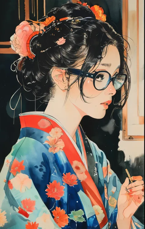 A woman in a kimono、Simple back、Black glasses（Watercolor）（Blurred outline）（Vibrant colors）（Very delicate lines）（masterpiece）（A fantastic atmosphere）（Very high quality）（Three-dimensional painting）The Style of Kawanabe Kyosai