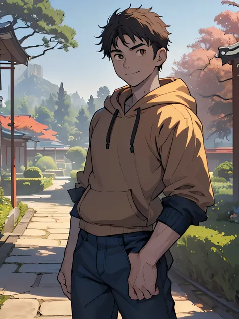 ((masterpiece)), ((best quality)), (ultra-detailed), (((((Garden of Japan house, Not in the shade, Landscape, cowboy shot))))), (8k, ultra-detailed, 1boy, solo, 16 year old boy, worm eyes, Natural smile), Young boy, ((((Height: 168cm, 6.5 heads, baby face,...