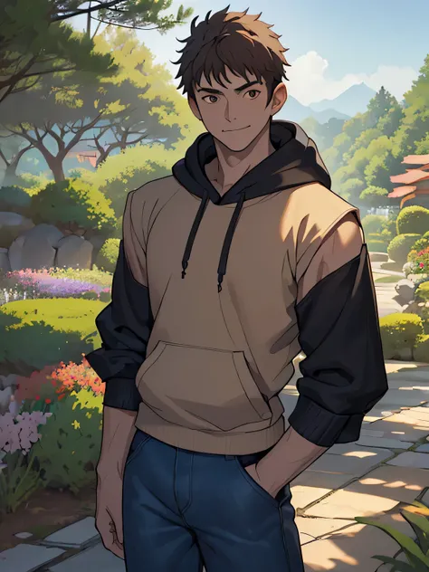 ((masterpiece)), ((best quality)), (ultra-detailed), (((((Garden of Japan house, Not in the shade, Landscape, cowboy shot))))), (8k, ultra-detailed, 1boy, solo, 16 year old boy, worm eyes, Natural smile), Young boy, ((((Height: 168cm, 6.5 heads, baby face,...