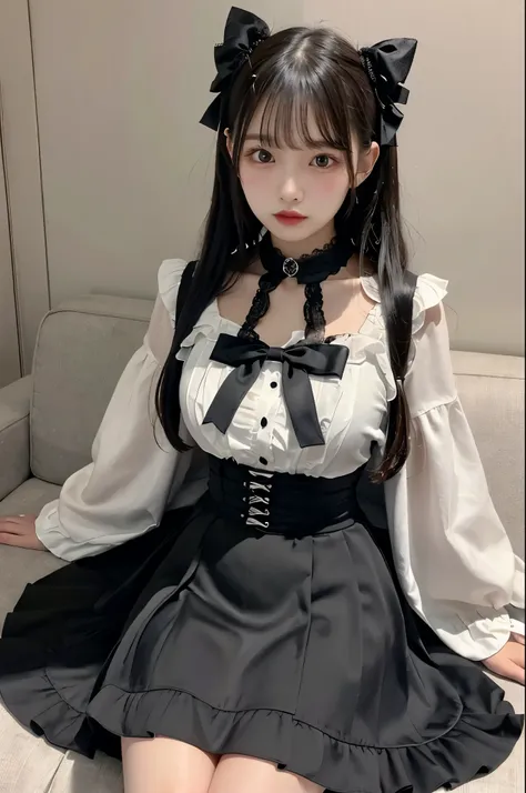 Highest quality、masterpiece、Black mask,pink shirt,cosplay, jirai kei, bangs, black skirt, black bow, looking at viewer, bow, long sleeves, choker, ribbon,pink lips