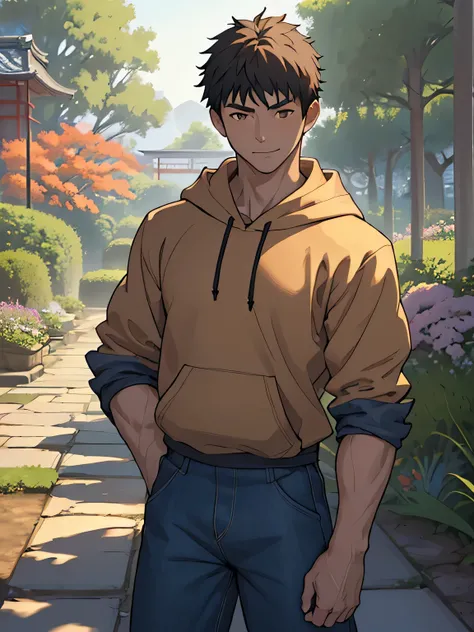((masterpiece)), ((best quality)), (ultra-detailed), (((((Garden of Japan house, Not in the shade, Landscape, cowboy shot))))), (8k, ultra-detailed, 1boy, solo, 16 year old boy, worm eyes, Natural smile), Young boy, ((((Height: 168cm, 6.5 heads, baby face,...