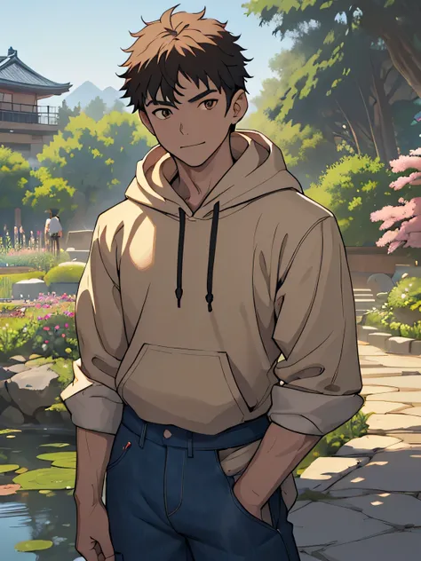 ((masterpiece)), ((best quality)), (ultra-detailed), (((((Garden of Japan house, Not in the shade, Landscape, cowboy shot))))), (8k, ultra-detailed, 1boy, solo, 16 year old boy, worm eyes, Natural smile), Young boy, ((((Height: 168cm, 6.5 heads, baby face,...