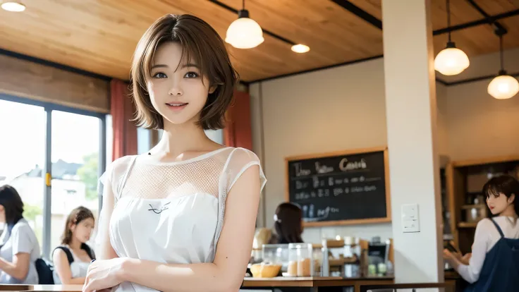 super high quality, smile, Slenderのネックレス, Slender, Gravure photoshoot, The staff is working at the counter in the back., (8k、RAW Photos、Highest quality、masterpiece:1.2), Japanese Idol, Stylish café, Fashion magazine photoshoot, (Realistic、Photorealistic:1....