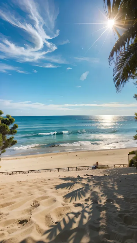 there is a sunshine beach view with sea and sand, a big sun hanging on the top of sky, beautiful and peaceful beach, sea is blue color, sunny and happy atmosphere, afternoon relax chill atmosphere