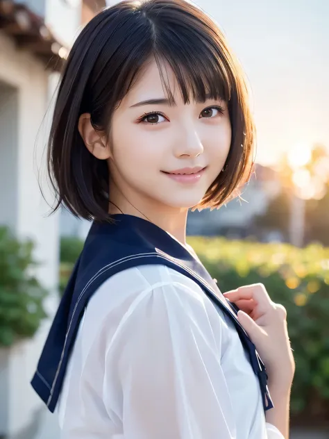 Highest quality, One beautiful woman, sunset, ((masterpiece, Highest quality, High resolution)), (look back:1.3), 1 girl, Smile and wave, (Realistic: 1.4), Great face, 17 years old, short hair, (Beautiful Hair:1.5), Sailor suit, The background is the schoo...