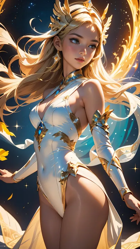 (nsfw), ((Masterpiece of Elegance)), 16K, Highest quality, Figure of Enchantment, Earths serene waters, Intricate details of fires dance, Whispers of winds song, Elevated in the cosmic expanse of space, One girl of radiant beauty, Blonde hair cascading lik...