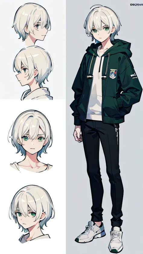 masterpiece, Facial details, Very detailed, 8k, Modern Style, ((One young man)), woman, Short white hair, Green Eyes, white hoodie, hood up, Black trousers, I can see the shoes, White Background, joy, reference sheet,