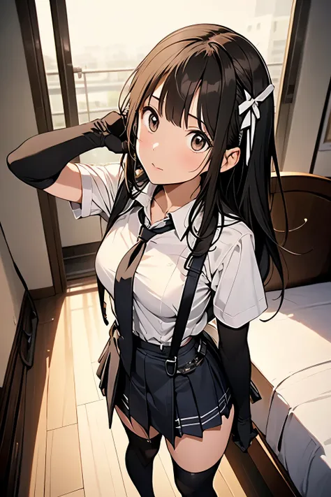 1 female, , high quality, masterpiece, Ultra-high resolution, , Cinema Lighting, , , And the suspenders with the cranes flying　　　Moderate breasts　 　 　　　　Large Breasts　 　 　　　　Small face　 　　　holster　　　　　　　 Lying in bed　Looking up　　　　Sweat 　　　belt　summer　脇Swe...