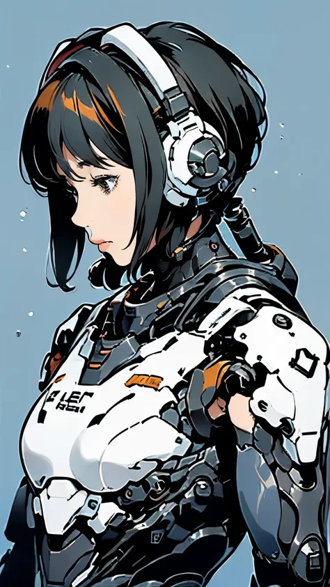 android combat suit、upper body、hangar、girl、black hair、shortcuts、simple background、mecha warrior、masterpiece、highest quality