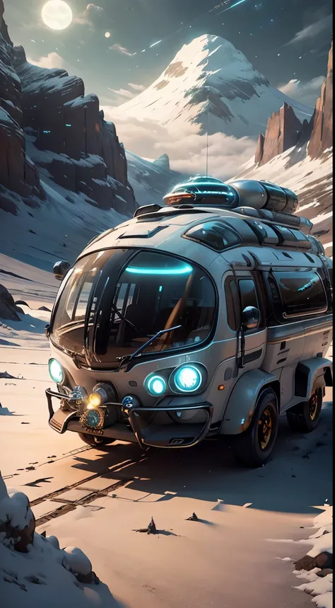 Concept Art, Best quality，masterpiece，Ultra-high resolution，Photo-realistic：1.4，  Ultra Detailed，[Futurism(Lunalpenkai:Campervan),Colored LED light,Smooth curves,(aerodynamic design)]。comfortably, camping, Bright colors, reflection,Surrounded by nature,lus...