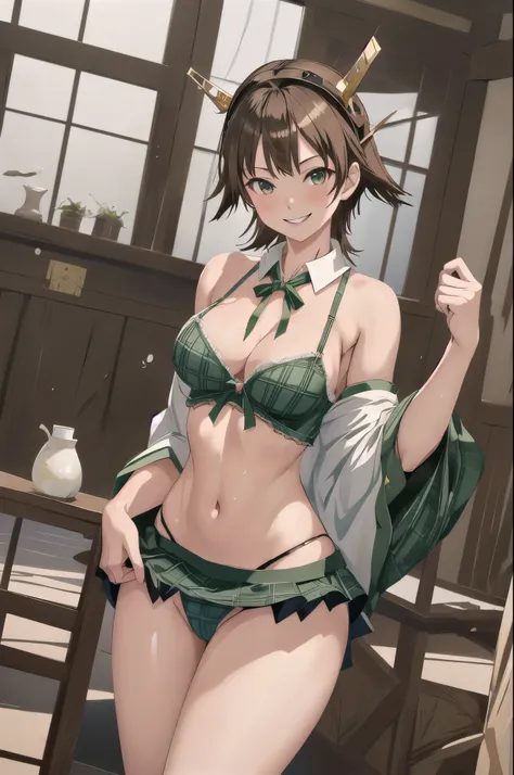 Highest quality, masterpiece, High resolution, alone, (Hiei Kai-2, Fleet Collection:1.15), (Brown Hair), 髪band, (headgear), Non-traditional_Shrine maiden, smile, green_eye, smile, One Girl, green_skirt, Plaid, Plaid_skirt, ribbon-trimmed_sleeve, ribbon_tri...