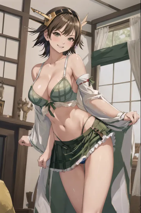 Highest quality, masterpiece, High resolution, alone, (Hiei Kai-2, Fleet Collection:1.15), (Brown Hair), 髪band, (headgear), Non-traditional_Shrine maiden, smile, green_eye, smile, One Girl, green_skirt, Plaid, Plaid_skirt, ribbon-trimmed_sleeve, ribbon_tri...