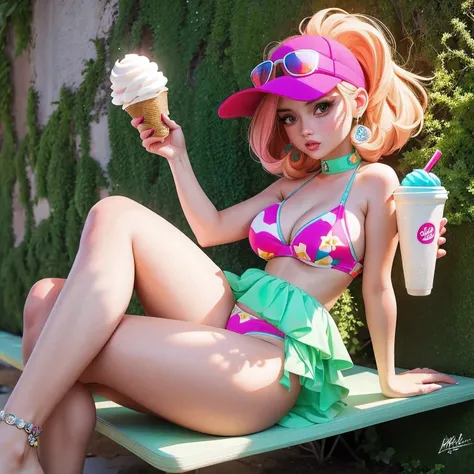 araffe1 girl in a bikini eating an ice cream cone, eating ice cream, in a bikini, angela white, giorgia meloni, katy perry, in bikini, eating ice - cream, wearing spandex bikini, ice cream on the side, bikini, ice cream, wearing a bikini,  candid photo of ...