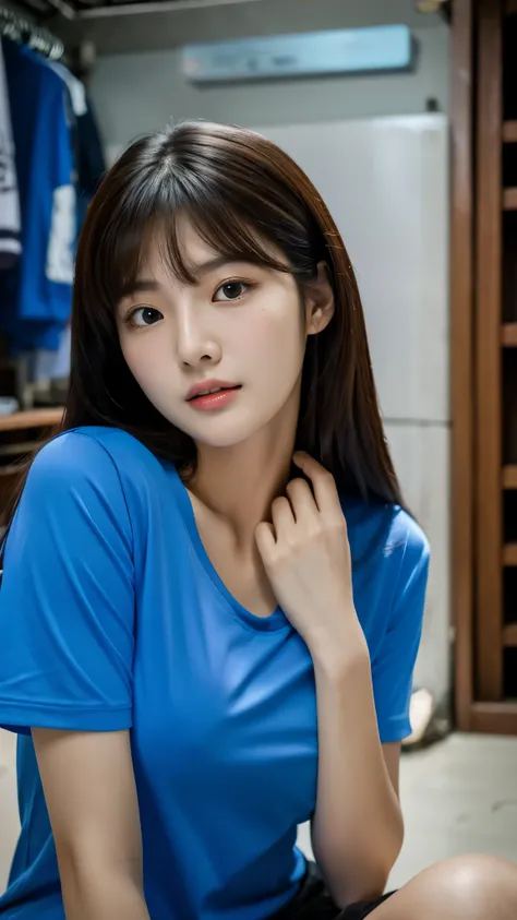 extreme close-up of beautiful beautiful korean female, 34 inch breasts size, wearing blue t-shirt, sitting in basement, cinematic scene, UHD