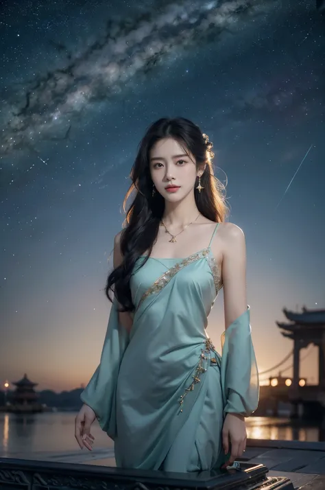 (((best quality))),(((ultra detailed))),(((masterpiece))),illustration,((1 beautiful girl,solo)),(shoulder length straight hair:1.2),((earrings,necklace)),((slim,thin)),((small breasts,flat chest)),(gorgeous red Hanfu:1.3),(standing:1.3),(on the stone arch...