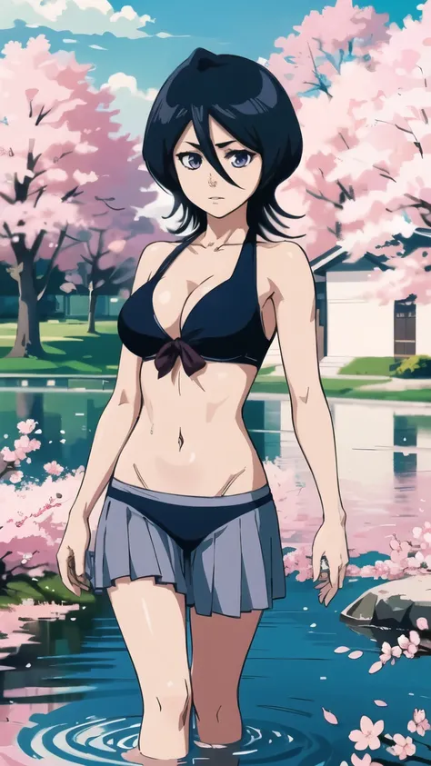 kuchiki_rukia, thick outlines, standing in water upto knee, cherry blossom in background, with big breast, lean body, wearing bikini,  photorealistic, solo, detailed eyes, front view, view from front