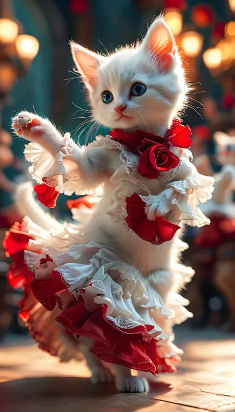 ((8k)), highest quality, 超High resolution, (High resolution), White kitten dancing flamenco、Flamenco venue