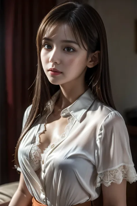 (8k Raw Photo:1.5, Ultra high definition, masterpiece, High resolution, Very complex) (Realistic: 1.4), Cinema Lighting, 1 girl, Focus Only, Summer noon, hot, 1990s (style), Silk lace, indoor, Short sleeve shirt,blouse, Unbutton your chest.