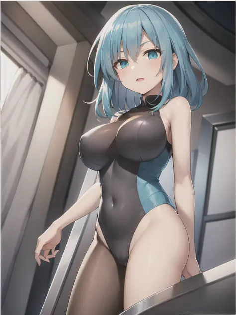 (Highest quality:1.1)、(Super detailed:1.1)、1 girl、Anime Girls、solo、Cowboy Shot、View your viewers、Female focus、Dark blue hair、Gray Hair、Two-tone hair、Long Hair、Aqua Eye、Big Breasts、girl with big breasts、leotard、Bare Arms、Are standing、Portraiture、