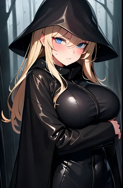 blonde,He is wearing a long black raincoat over a tight black suit.,Put on the hood,blue eyes,Large Breasts,thin,Serious face,blush,rain,forest,night,Downward,Gloomy face,Trying to take off,