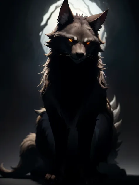 Create ultra-detailed, best quality, High-resolution masterpiece，Depicts a werewolf in the dark，Glowing white eyes and fangs, High quality shadows, lifelike,Background is a dark forest