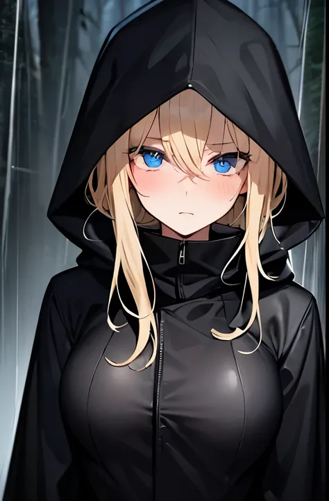 blonde,He is wearing a long black raincoat over a tight black suit.,Put on the hood,blue eyes,Large Breasts,thin,Serious face,blush,rain,forest,night,Downward,Gloomy face,Trying to take off,