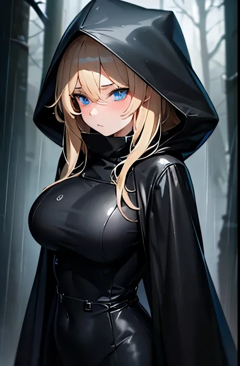 blonde,He is wearing a long black raincoat over a tight black suit.,Put on the hood,blue eyes,Large Breasts,thin,Serious face,blush,rain,forest,night,Downward,Gloomy face,Trying to take off,