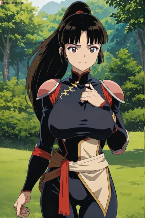 Highest quality、masterpiece、Portraiture、Blood、Brown Hair、Brown eyes、High Ponytail、Long Hair、Big Breasts、Strong muscles、Very large breasts、Huge muscles、Bodysuits、Scapula、armor、Muscular Woman、(View your viewers:1.3)、Outdoor、forest、smile、