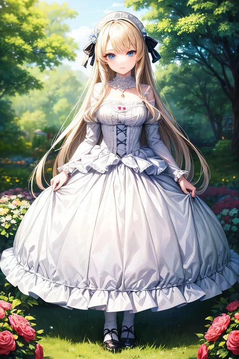 masterpiece,Highest quality,Very detailed,beautiful girl,White Gothic Lolita Dress,necklace, teenager, (full body),Blonde,blue eyes,Perfect Face,Beautiful and detailed eyes,Beautiful Skin,skinny,Dynamic,Outdoor,Beautiful flowering garden,Lots of flowers