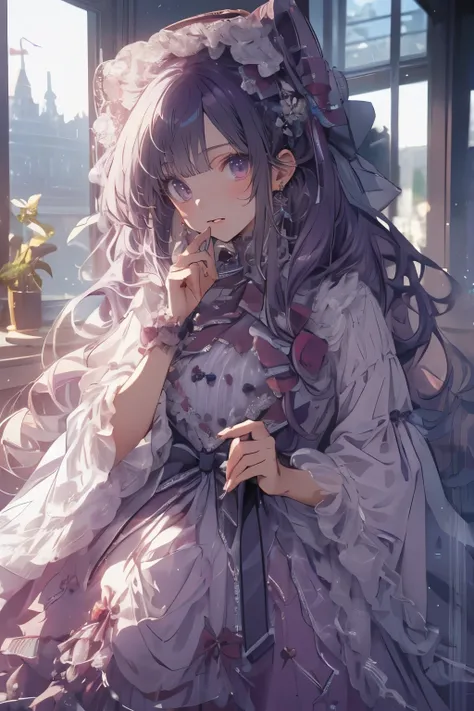 (Mastepiece)、(Best Quality)、Highly detailed face、Anime Girl、1 girl、Lolita Clothing、Fluffy long hair、Purple Hair