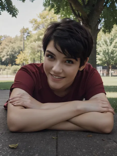 8k, RAW photo, best quality, ultra high resolution, photorealistic, (slim) girl, (black purple short undercut haircut), eye makup, smiling, lying in the floor, park, grass, trees, elbows in the glass, (red shirt), five fingers, perfect hands, high angle