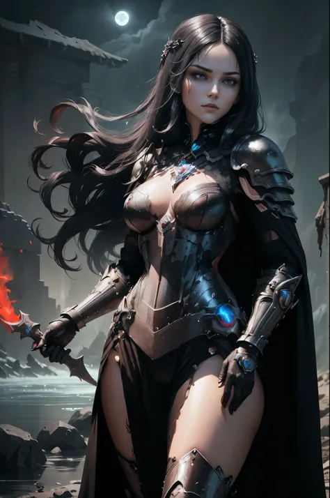 a woman with black hair and eyes, dressed in macabre armor with details of human bones, beautiful female paladin with long hair, night sky, red mist, river of blood, battlefield, icy gaze;