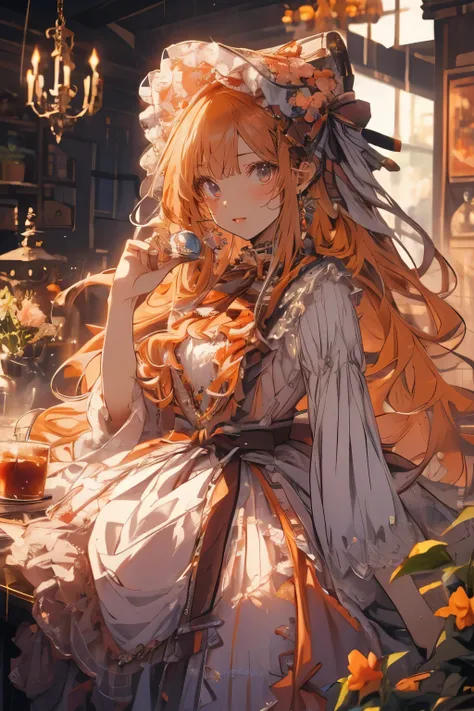 (Mastepiece)、(Best Quality)、Highly detailed face、Anime Girl、1 girl、Lolita Clothing、Fluffy long hair、Orange Hair