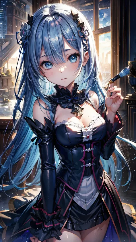 (Highest quality),(masterpiece), 8k,Very detailed, Detailed light, Best Shadow,Detailed reflective eyes, Beautiful Eyes, Very detailedな顔,Shiny Hair,One person,Gloss,semi-long,Blue Hair,Blue Eyes,enchanting,whole body,front,Re:Zero,rem,Rem,darkness,face is ...