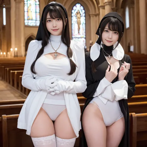 （Nuns、is、Black Hair、Big Ass、Black knee-high socks、Inside the church、rosary necklace、White string panties、White gloves、Praying with hands together）、Extremely sexy、Glamorous Body、Smile、Professional Lighting、Beautiful adult woman、Captivating thighs、Very large...