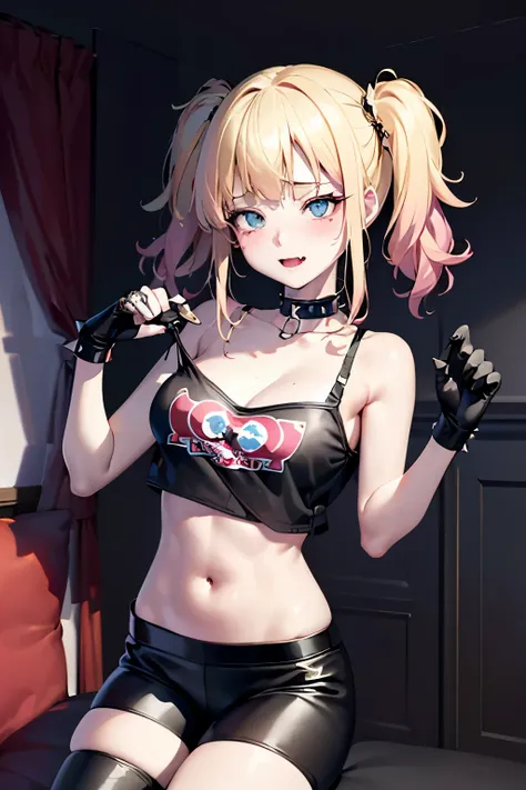 (Highest quality:1.1), (masterpiece:1.4), (Absurd:1.0), 
One Girl, navel, cleavage,midriff,collar, crop top, torn clothes、 spiked collar,  Medium chest、Looking at the audience、Bedroom、(blush:1.2)、Happy expression、(((Bike Pants)))、(Showing pantieicro Mini S...