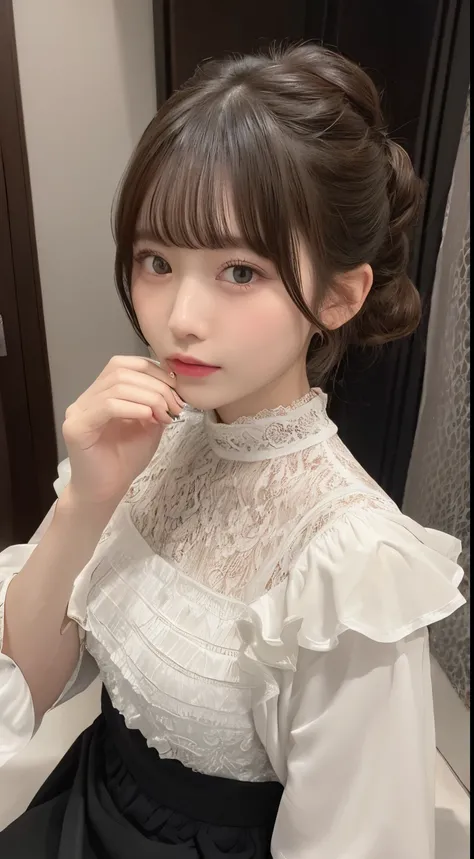 (High neck lace outfit、Ample breasts、Be sexually aroused、Put your legs out of the lace skirt、Very small waist)、(19 years old、beautiful girl、Fine eye、No makeup)、(Highest quality、masterpiece:1.3、Ultra-high resolution)、(Very detailed、Caustics)、Ample breasts、1...