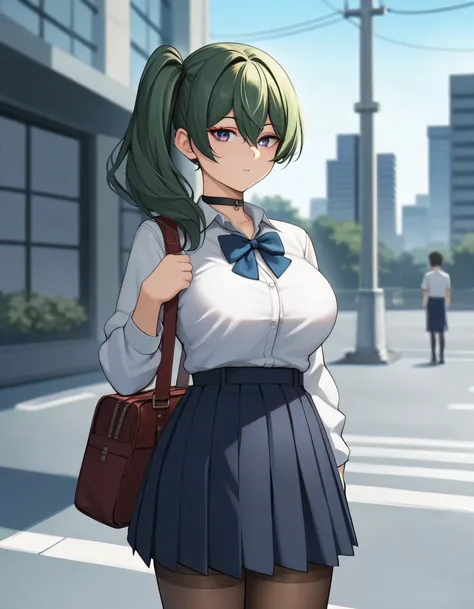 score_9, score_8_up, score_7_up, score_6_up, score_5_up, score_4_up, source_anime, 4k resolution, highest quality, 1girl, large breasts, thin body, beautiful, Comistyle, ubel,green hair, bangs,hair between eyes,side ponytail, purple eyes,black choker, shir...