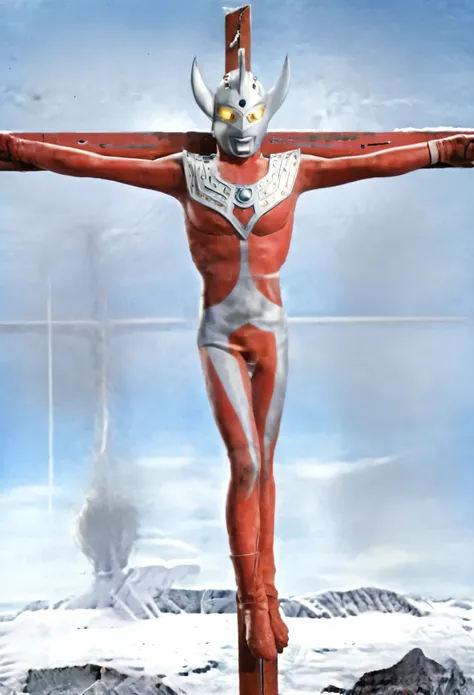 masterpiece,realistic photo,Giant hero Ultraman Taro is crucified on a giant cross in Antarctica..、The light in his eyes and the color timers went out and turned gray..、The thin mans body is covered with frost、Muscular but thin arms and thighs、The bulge in...