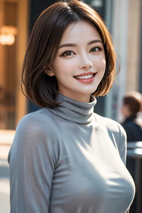 ((masterpiece)), ((Highest quality)), ((Complex)), ((Surreal)), (Realistic), (Mature Woman), ((There are no classes)), Very detailed, (1 female), Beautiful and exquisite, (Beautiful Teeth), Grin, Brunette bob hair, Brown eyes, ((Blue turtleneck)), (Upper B...