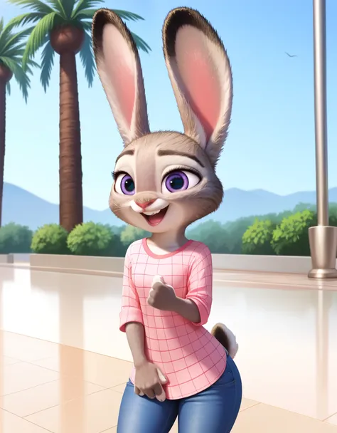 judyhopps happy, solo, pink shirt, jeans score_9, score_8_up, score_7_up,