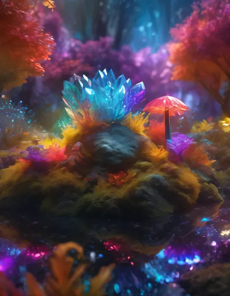 a magical enchanted crystal forest, vibrant colorful crystals glowing with a black light effect, enchanted animals scattered throughout the scene, one animal as the main focus, ultra-detailed, (best quality,4k,8k,highres,masterpiece:1.2),ultra-detailed,(re...