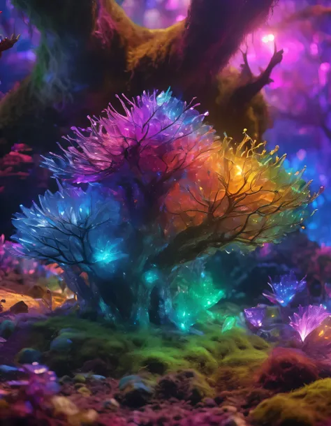 a magical enchanted crystal forest, vibrant colorful crystals glowing with a black light effect, enchanted animals scattered throughout the scene, one animal as the main focus, ultra-detailed, (best quality,4k,8k,highres,masterpiece:1.2),ultra-detailed,(re...