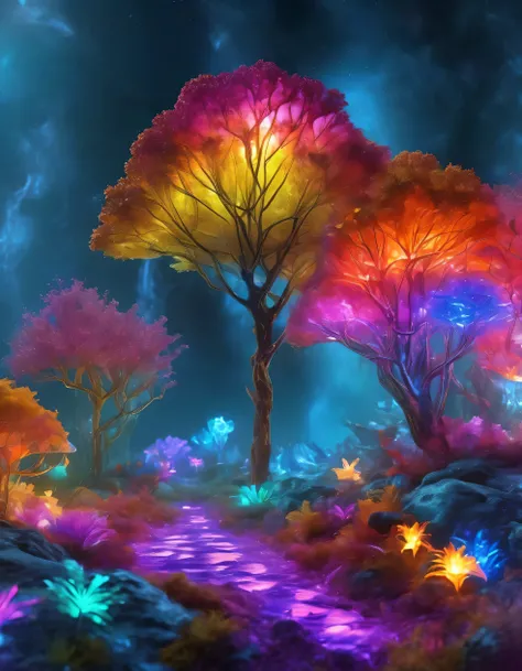a magical enchanted crystal forest, vibrant colorful crystals glowing with a black light effect, enchanted animals scattered throughout the scene, one animal as the main focus, ultra-detailed, (best quality,4k,8k,highres,masterpiece:1.2),ultra-detailed,(re...