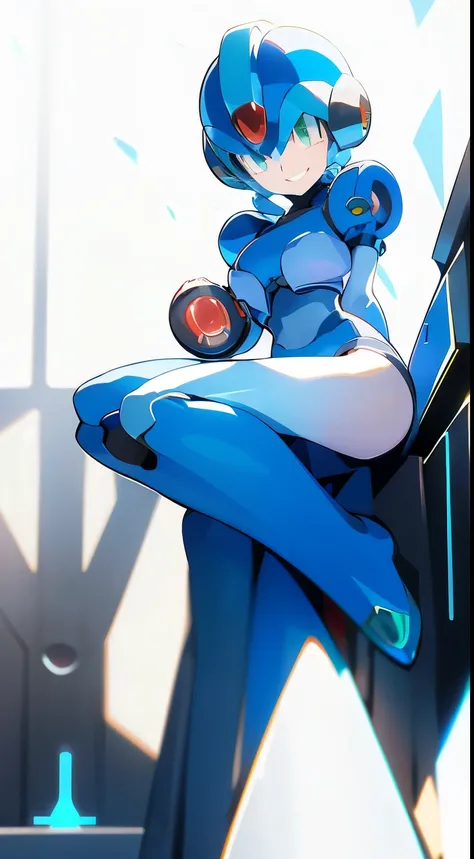 megaman x Girl, cute, Reploid, fullbody shot, maverick hunter, extremely detailed, dinamic pose, Green eyes, long eyelashes, glowing lips, smile, black waist