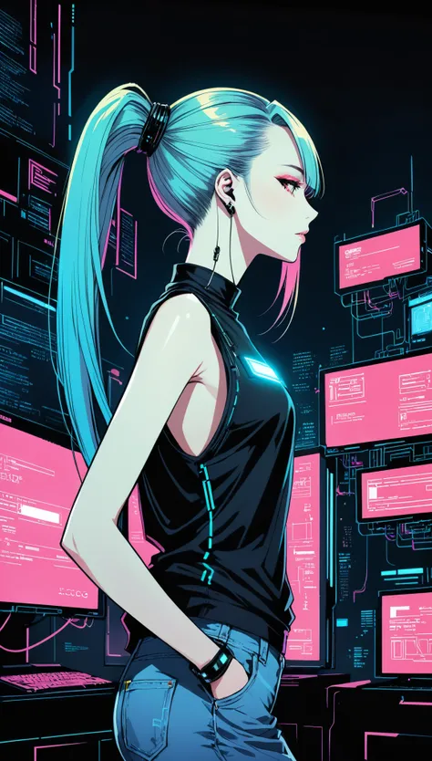 in style of Santiago Caruso,1girl,solo，Blue Background，oversize ，Hip-hop style，Black Plaid Sleeveless T-Shirt，jeans，One hand behind your back，looking at viewer，(Soft and straight cyberpunk hair:1.5)glowing fluorescent hair，Simple style，wide angle,Dynamic A...