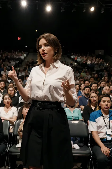 master lecturing on stage to a crowd behind him, crowded environment, woman leader, adult american woman, chic, feminine
