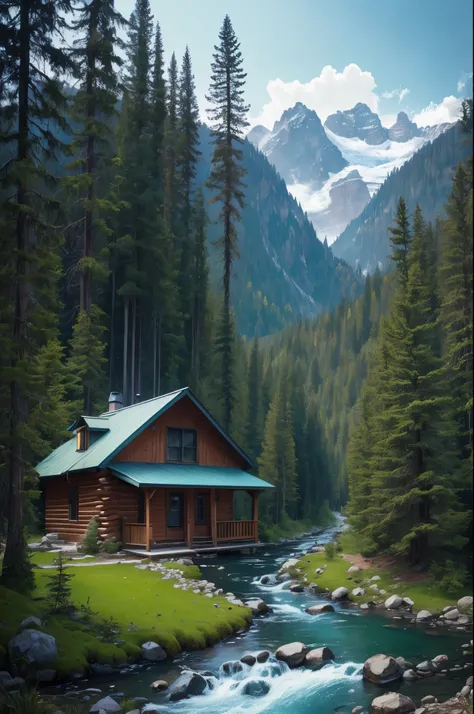 arafed cabin in the mountains with a stream running through it, a picture by jason a. engle, flickr, romanticism, stunning natur...